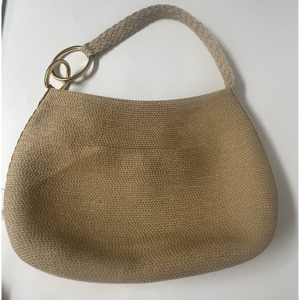 Eric Javits New York Tan Woven Zipper Top Bronze Link‎ Boho Bag Vintage
